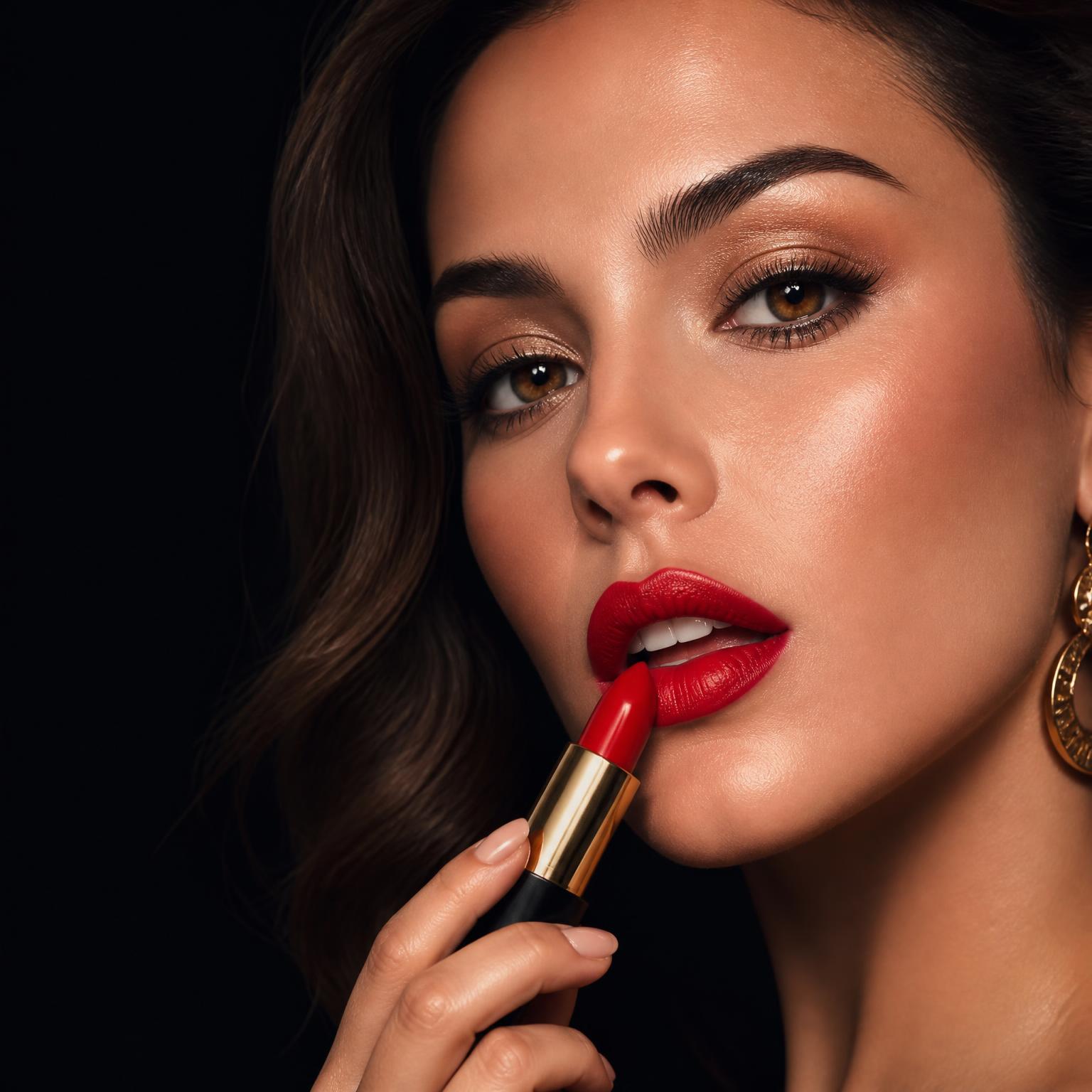 Modelo aplicando batom vermelho vibrante
